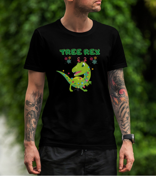 Tree Rex Dinosaur Christmas Lights Candy Cane Antlers T-Shirt