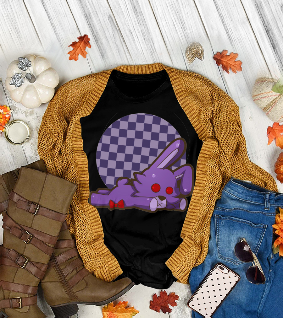 Bonnie Plushie Purple Checkered Background Red Eyes Bowtie T-Shirt