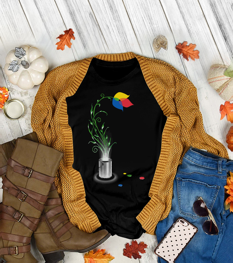 Artistic Growth Blooming from Paint Can with Multicolor Flower and Green Stems T-Shirt