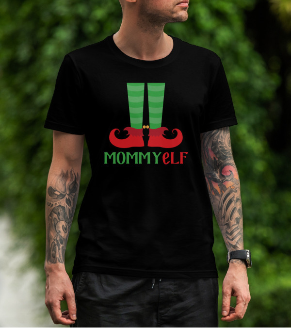 Mommy Elf Christmas Striped Elf Legs And Shoes T-Shirt