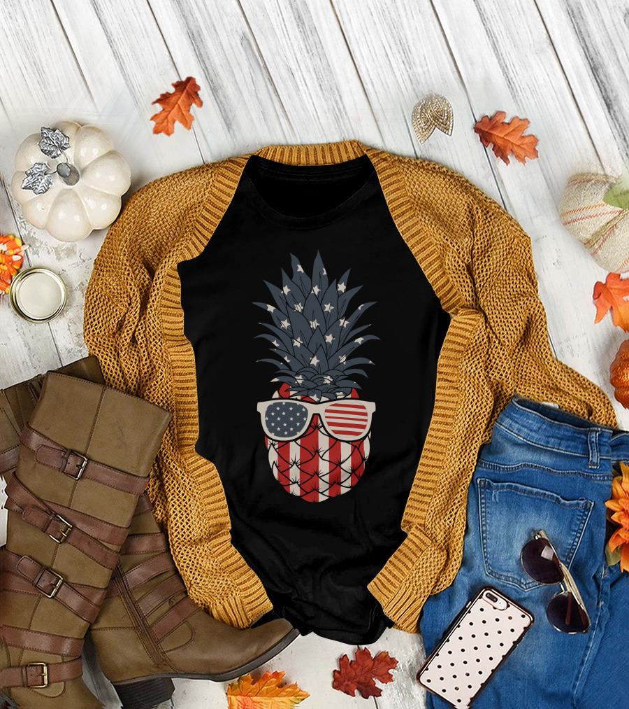 American Flag Pineapple with Stars and Stripes Sunglasses T-Shirt