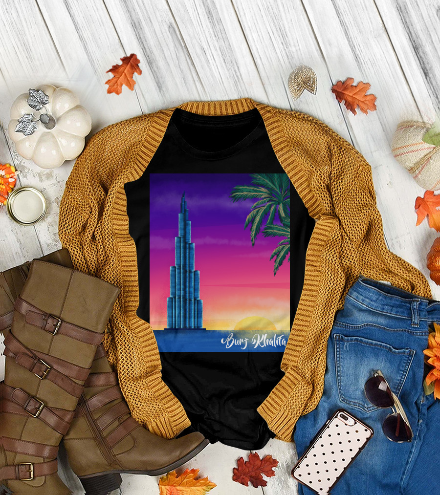 Burj Khalifa Sunset with Palm Trees and Vibrant Sky T-Shirt