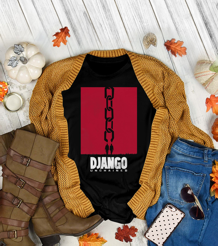 Django Unchained Red Background Silhouette and Chain Movie T-Shirt