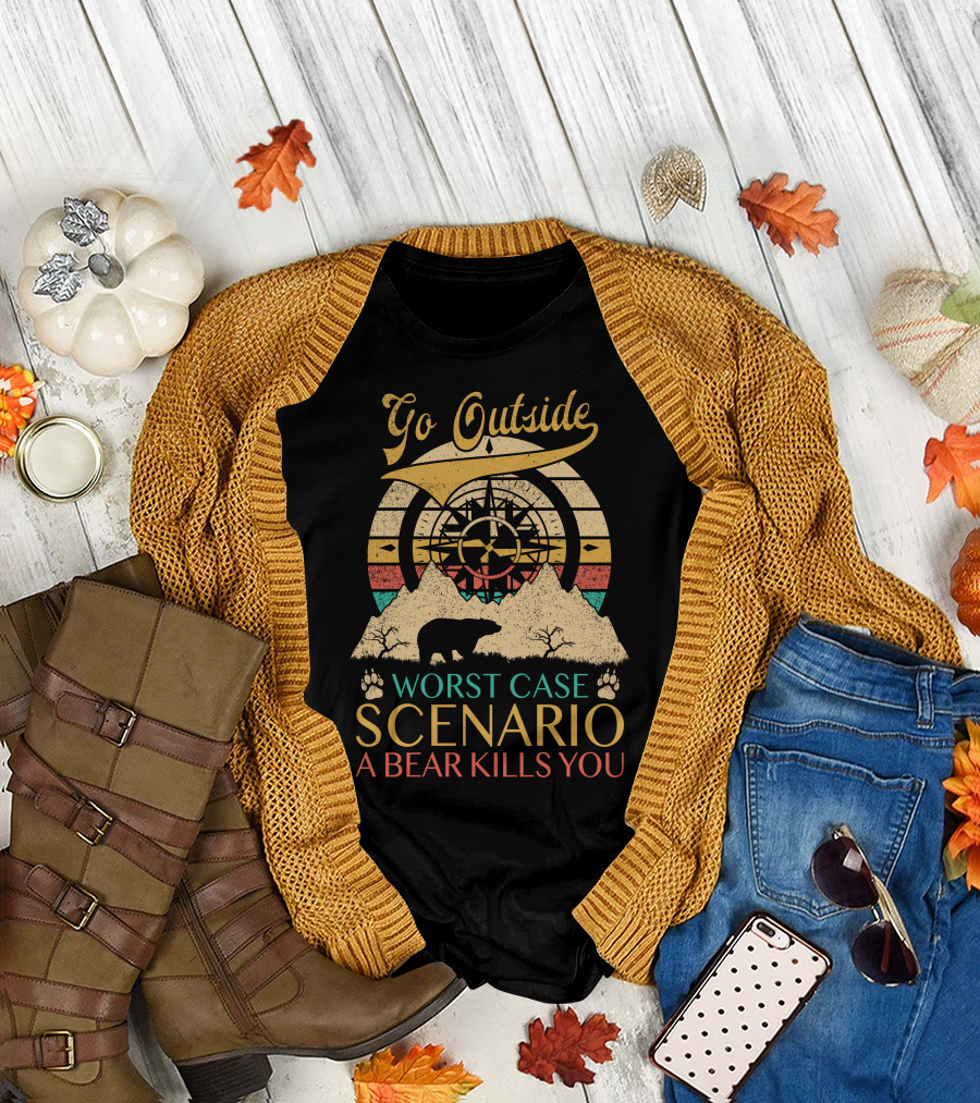 Go Outside Worst Case Scenario A Bear Kills You Retro Compass Bear Silhouette Mountains T-Shirt