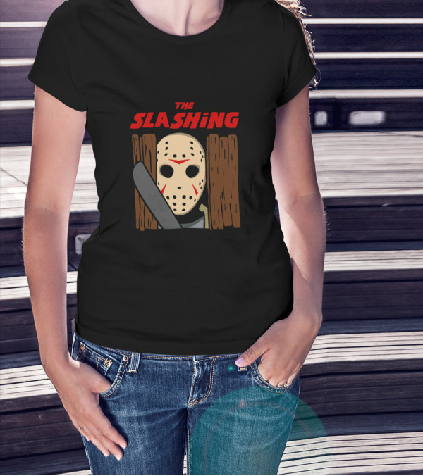 THE SLASHING Hockey Mask Horror Machete Behind Fence T-Shirt
