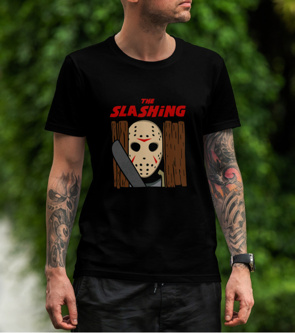 THE SLASHING Hockey Mask Horror Machete Behind Fence T-Shirt