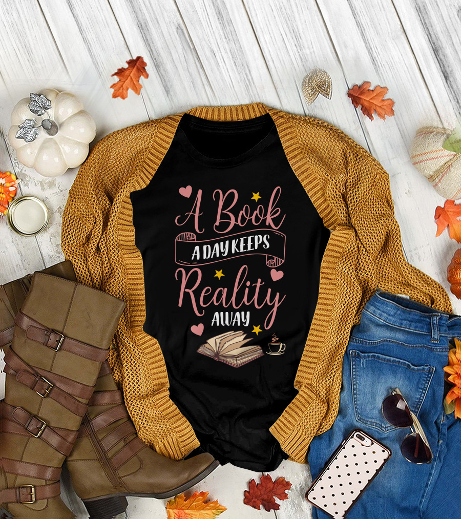 A Book A Day Keeps Reality Away Hearts Stars Open Book Coffee Cup T-Shirt
