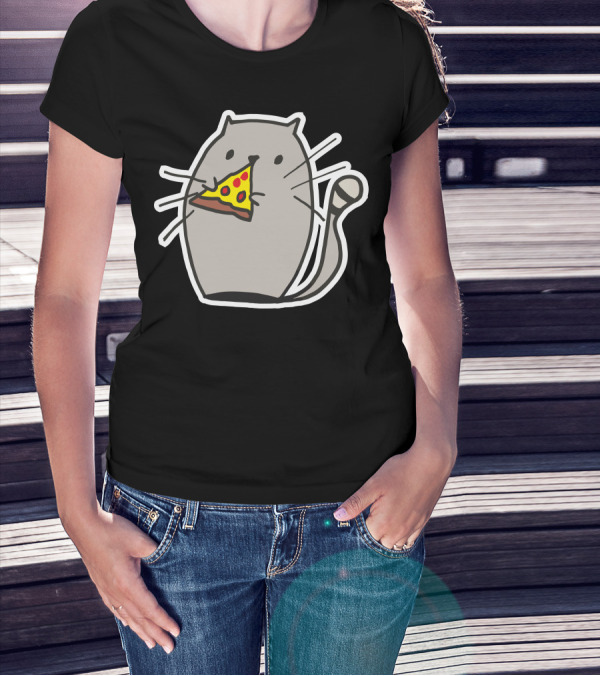 Cat Eating Pizza Slice Icon With Whiskers And Tail T-Shirt