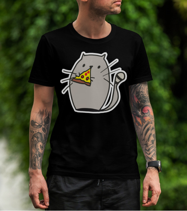 Cat Eating Pizza Slice Icon With Whiskers And Tail T-Shirt