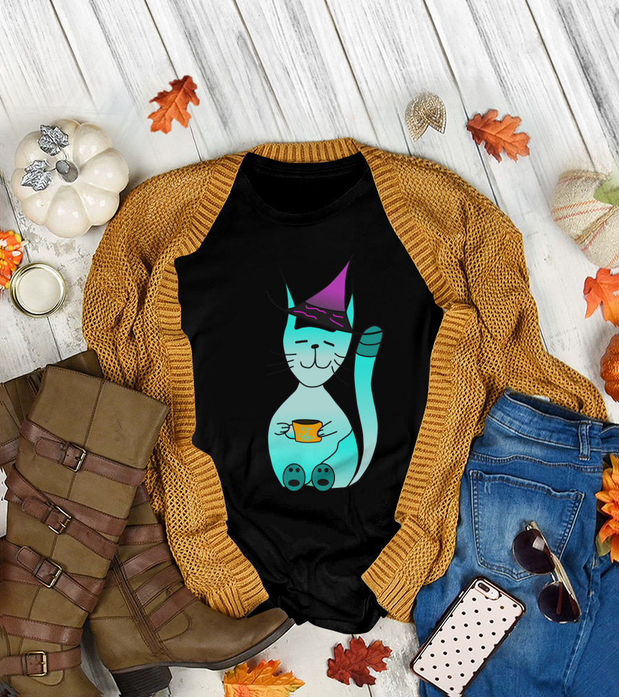 Witch Cat with Coffee Cup and Purple Hat T-Shirt
