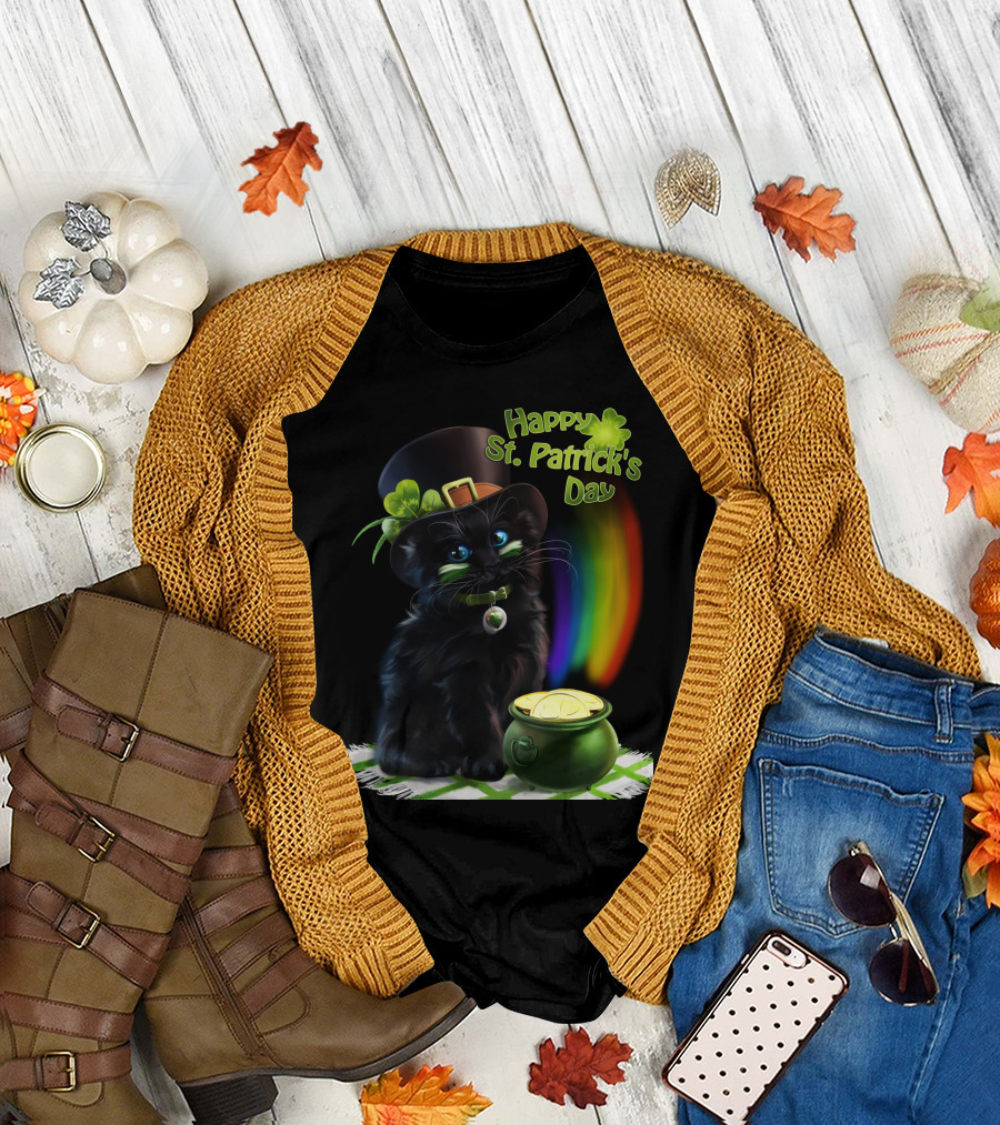 Happy St. Patrick's Day Black Cat With Pot of Gold and Rainbow T-Shirt