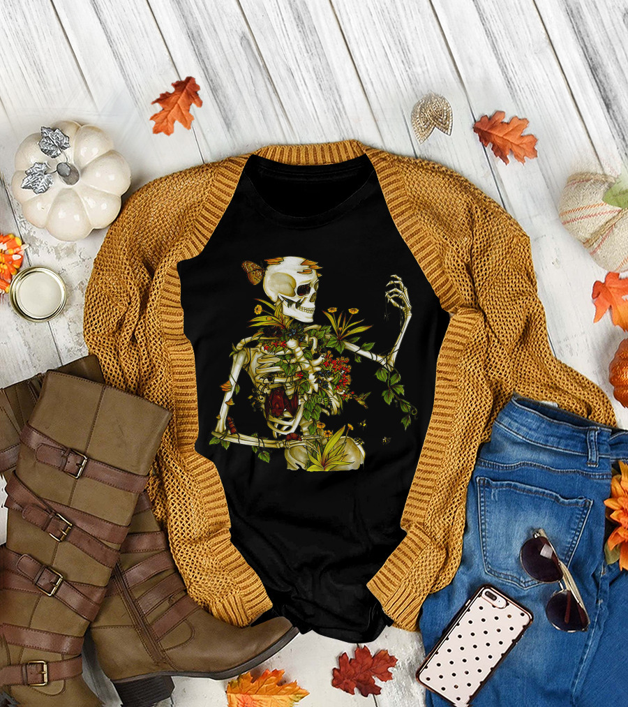 Bones And Botany Skeleton with Flowers and Vines T-Shirt