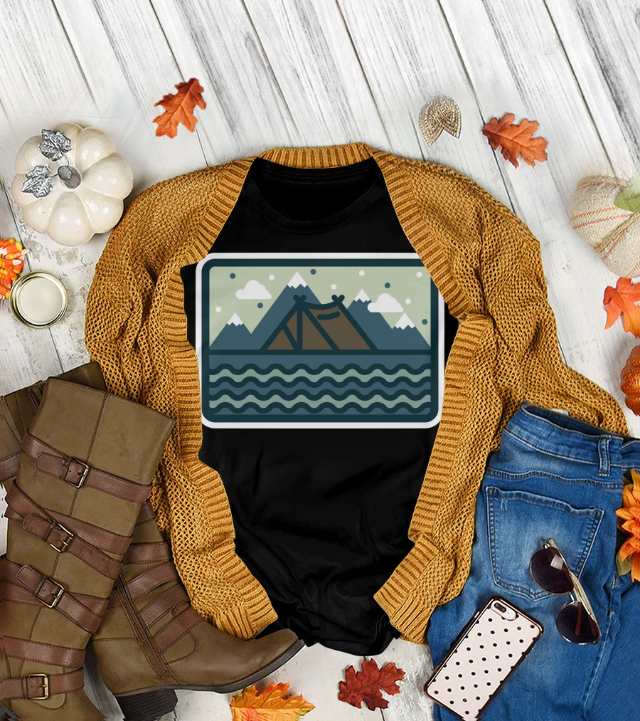 Camp Mountain Beach View Tent by the Water and Mountains with Clouds in the Sky T-Shirt