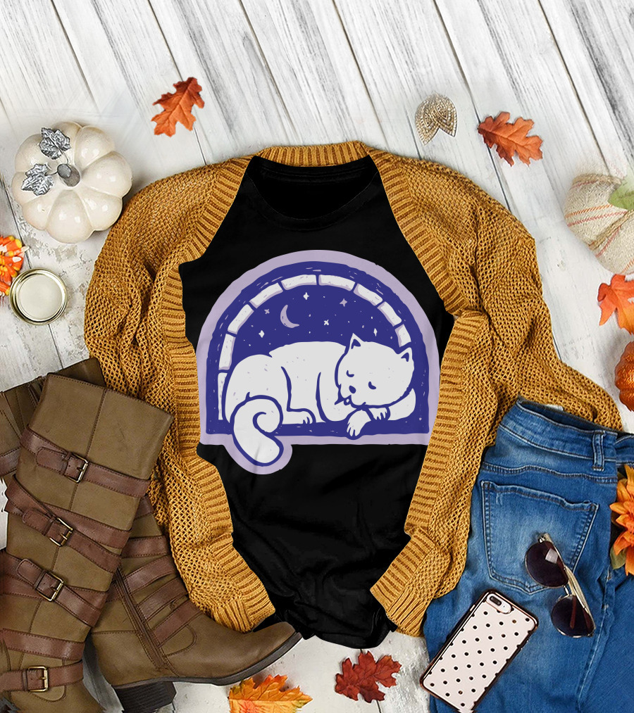 Cat Sleep Under Starry Moonlit Sky T-Shirt