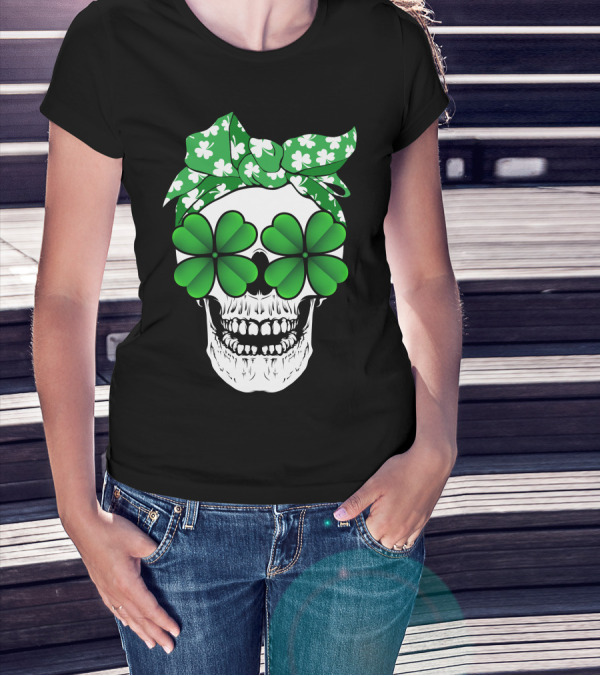Clover Skull Bandana With Shamrock Glasses T-Shirt