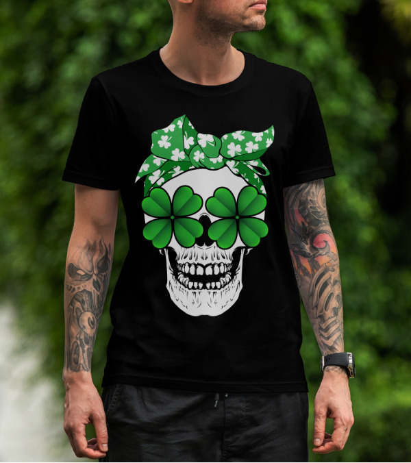 Clover Skull Bandana With Shamrock Glasses T-Shirt