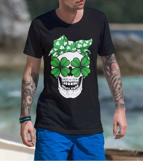 Clover Skull Bandana With Shamrock Glasses T-Shirt