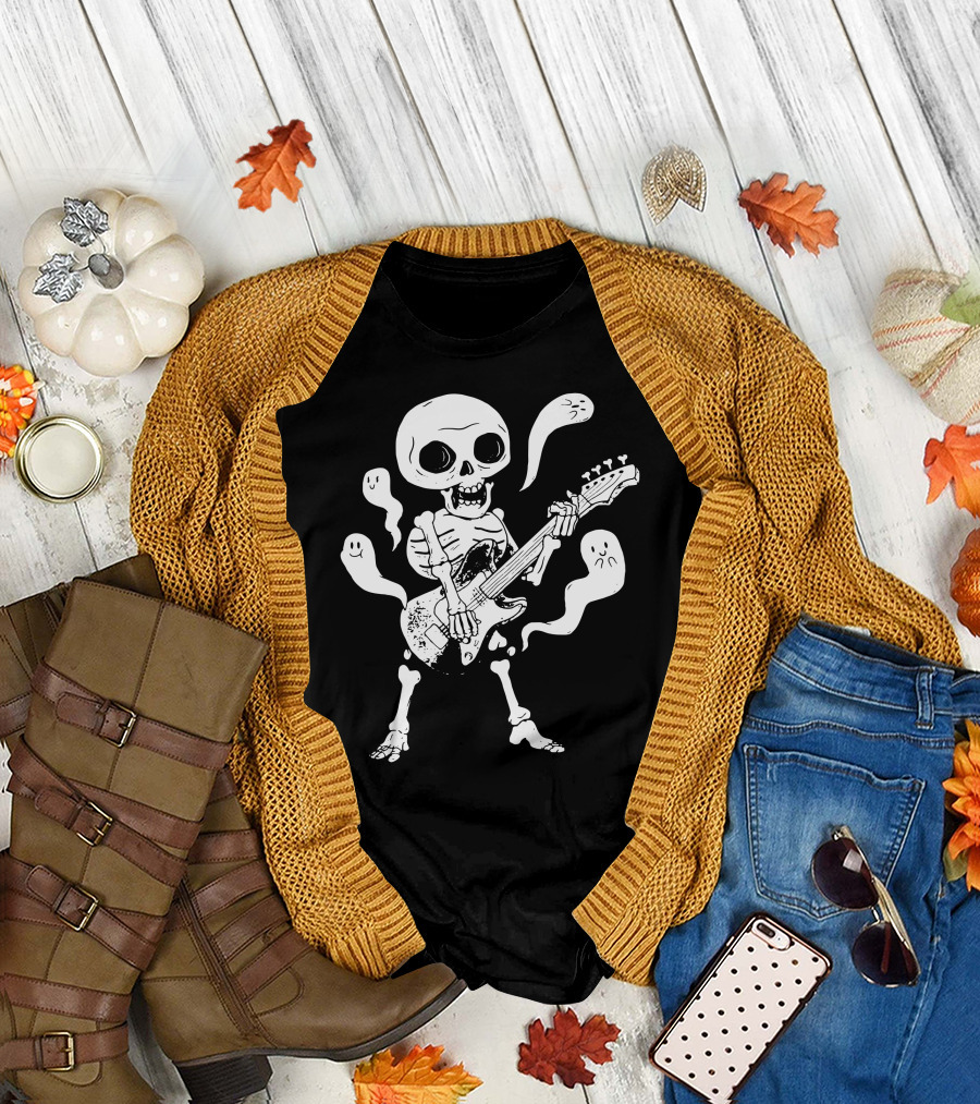Dead Rock Skeleton Guitar Player with Ghosts T-Shirt