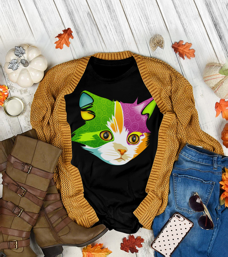 Psychedelic Full Color Cat Face T-Shirt