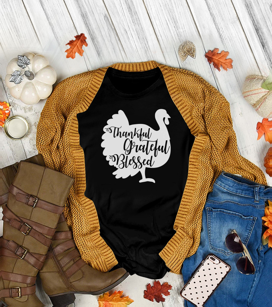 Thankful Grateful Blessed Turkey Thanksgiving T-Shirt