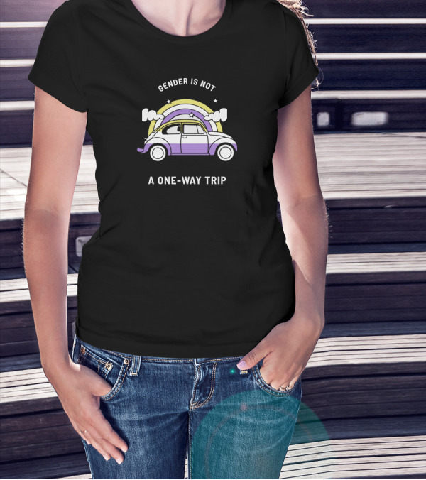 Gender Is Not A One-Way Trip Purple Car Rainbow Clouds T-Shirt