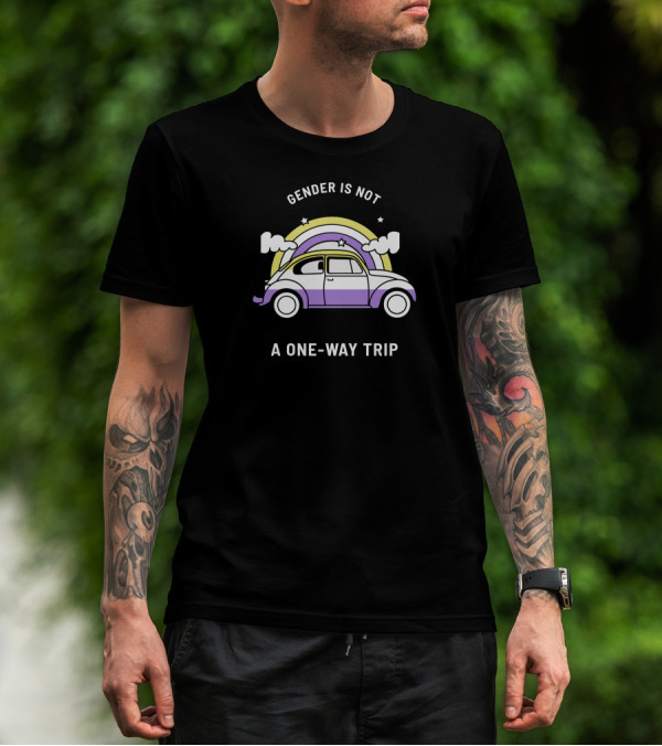 Gender Is Not A One-Way Trip Purple Car Rainbow Clouds T-Shirt