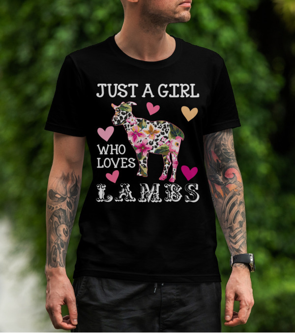Just A Girl Who Loves Lambs Flower Pattern Hearts Dark T-Shirt