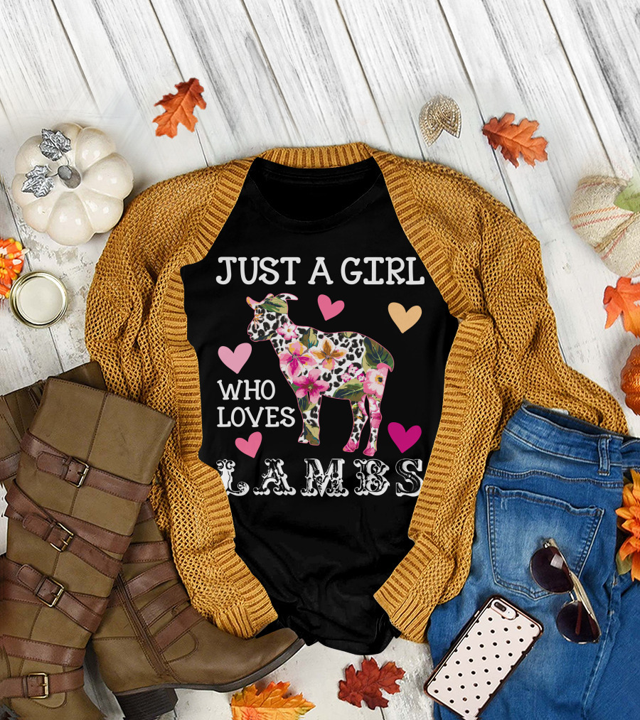 Just A Girl Who Loves Lambs Flower Pattern Hearts Dark T-Shirt