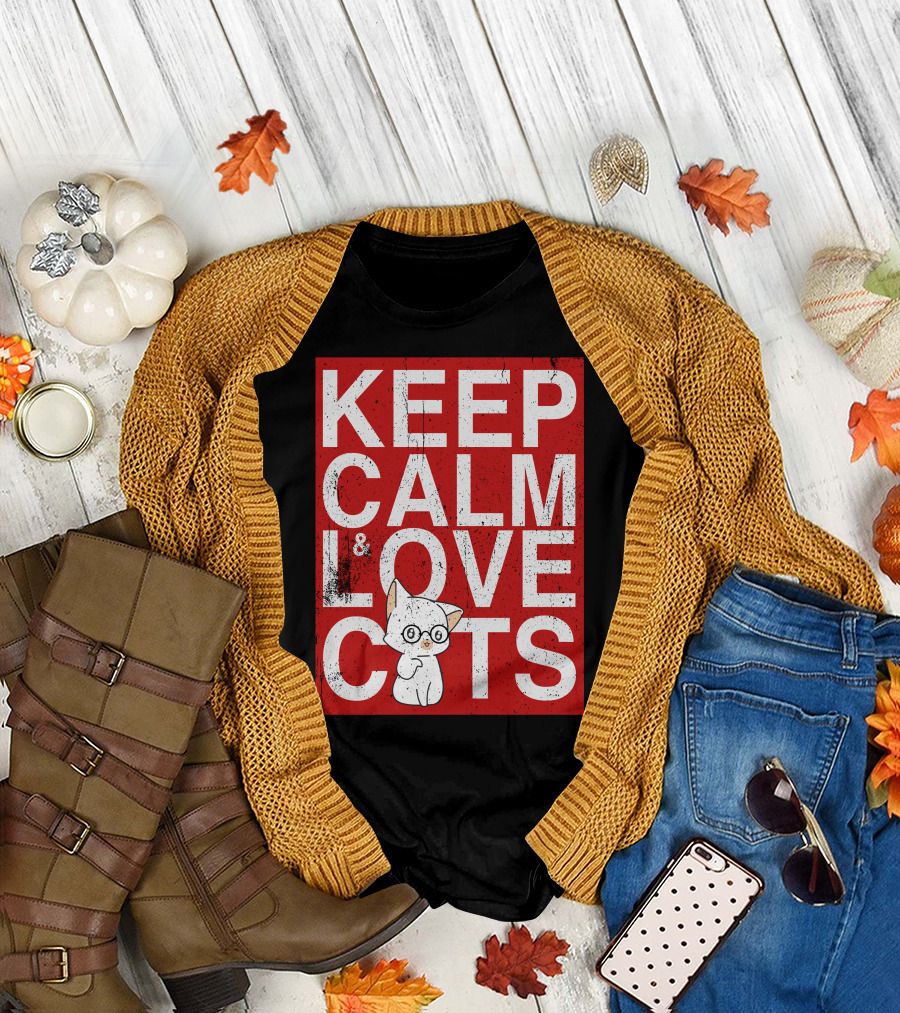 Keep Calm and Love Cats with Cute Cartoon Kitty T-Shirt