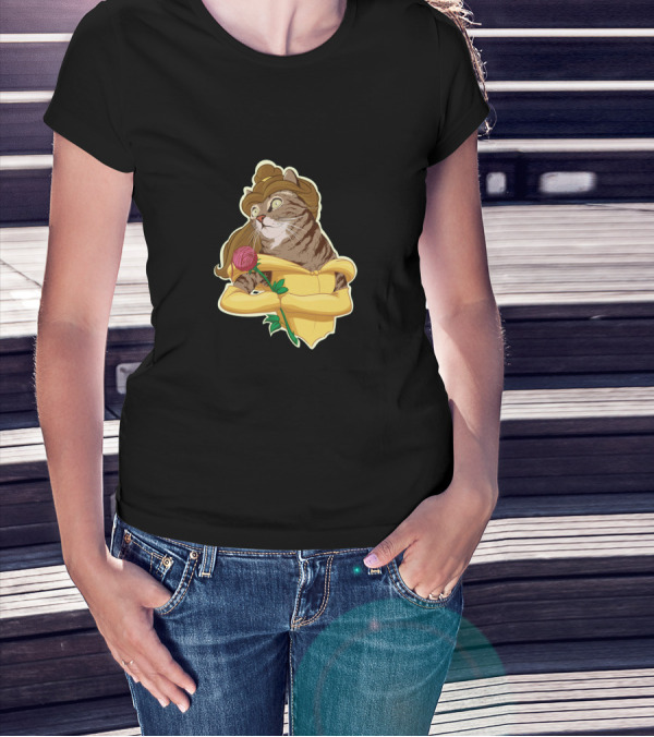 Kitten And The Beast Beauty And The Beast Cat In Yellow Dress Holding Rose T-Shirt