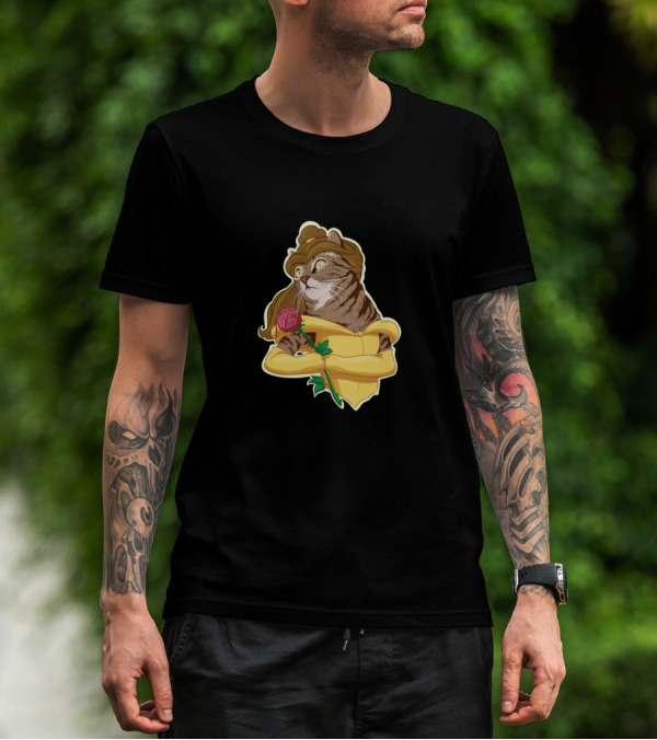 Kitten And The Beast Beauty And The Beast Cat In Yellow Dress Holding Rose T-Shirt