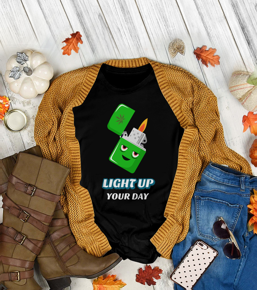 LIGHT UP YOUR DAY Lighter with Flame and Green Leaf T-Shirt