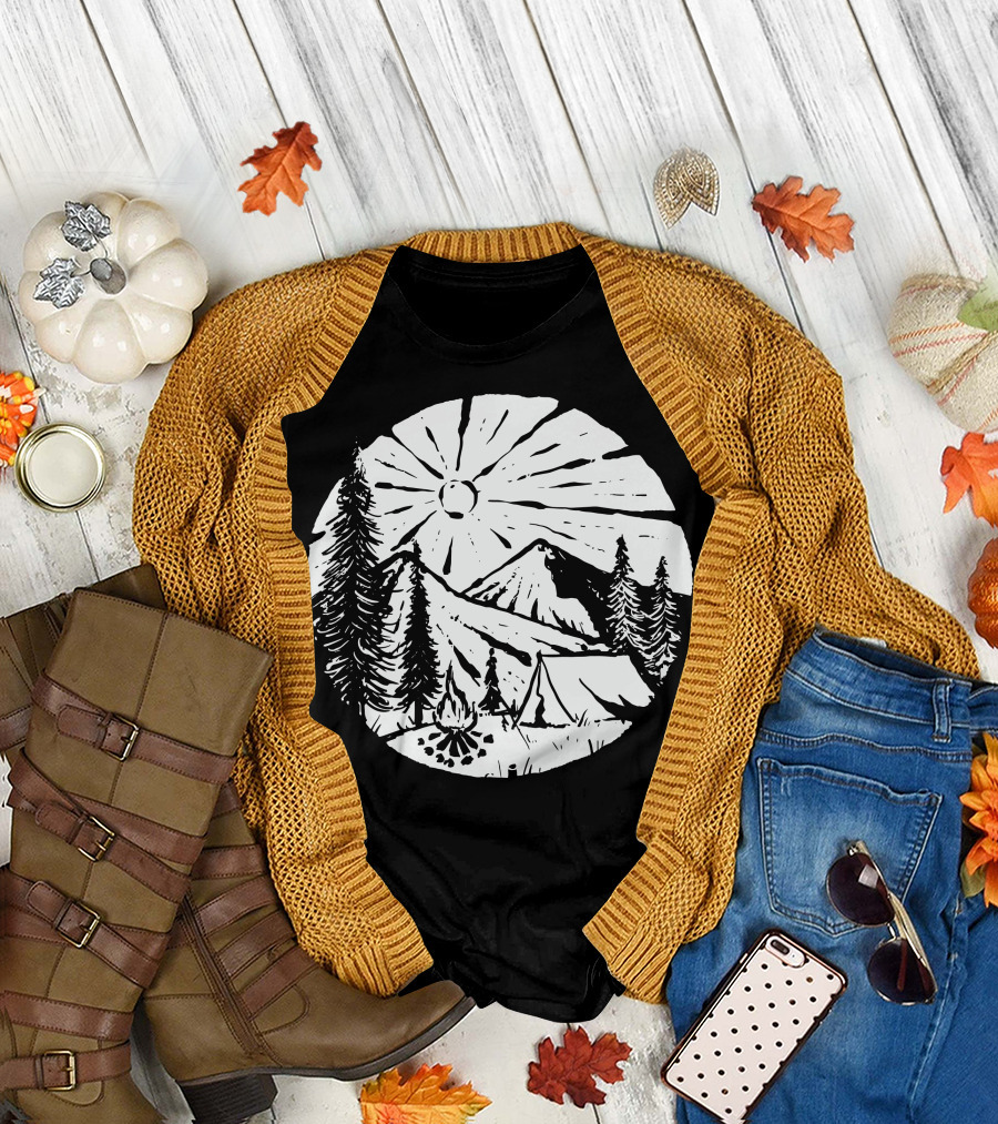 Camping by the Mountains with Pine Trees and Bonfire under the Sun T-Shirt