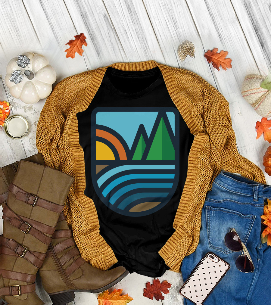 River Bold Sunset Mountain Willow River Badge T-Shirt