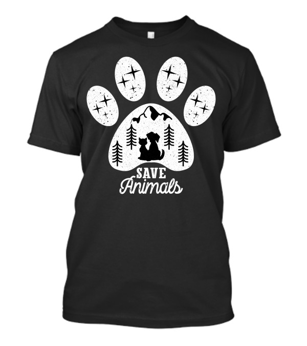 Save Animals Paw Print Silhouette With Stars And Forest Scene T-Shirt