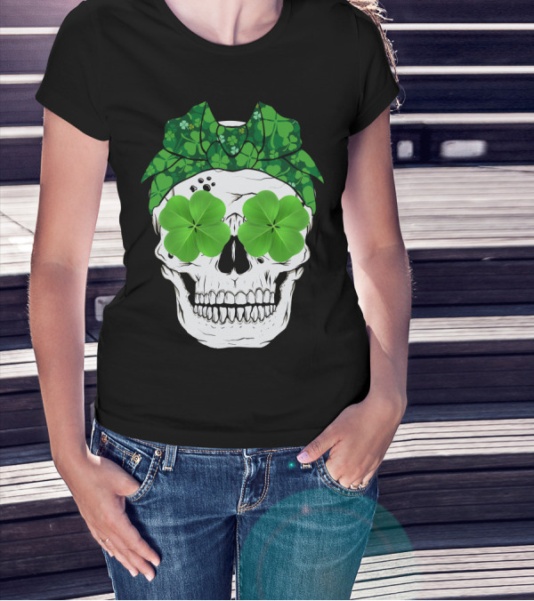 Skull Clover Shamrock Bow Tie T-Shirt