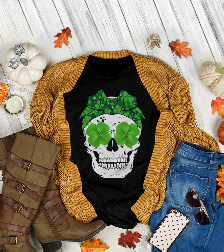 Skull Clover Shamrock Bow Tie T-Shirt