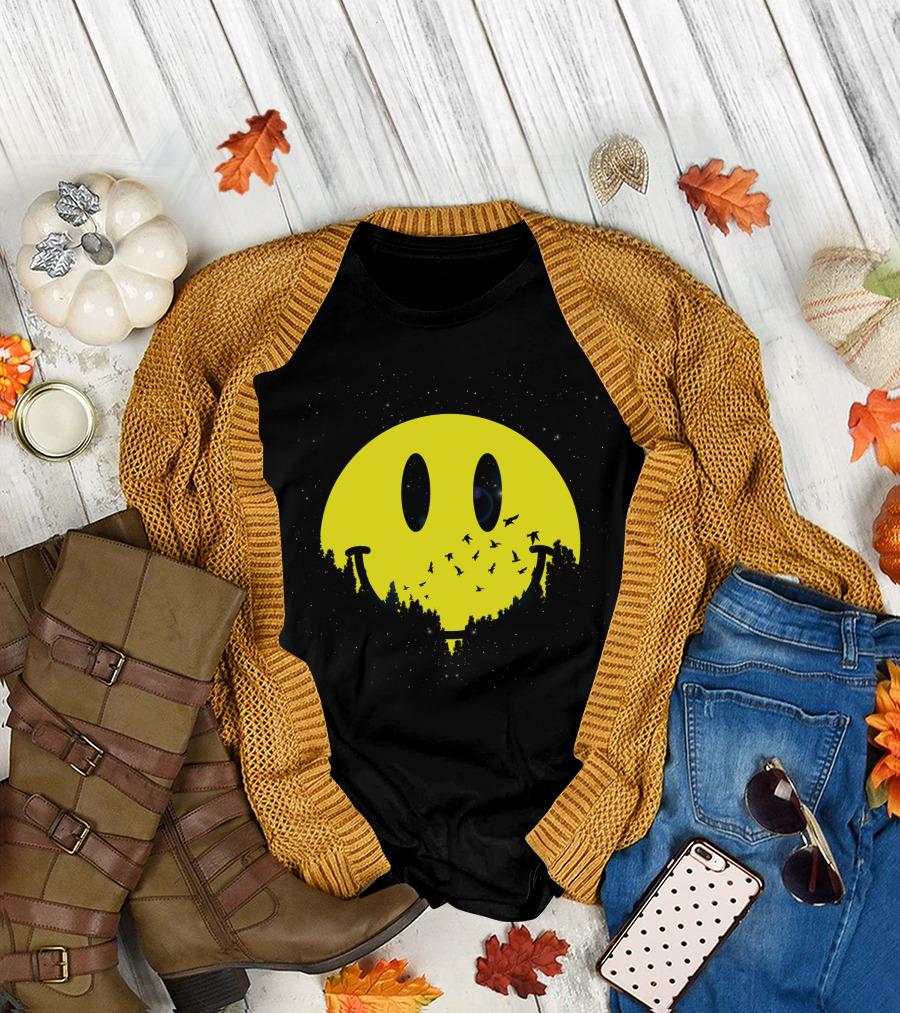Smiley Planet Silhouette Forest and Birds in Night Sky T-Shirt