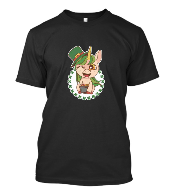 St Patricks Day Unicorn With Leprechaun Hat And Shamrock Border T-Shirt