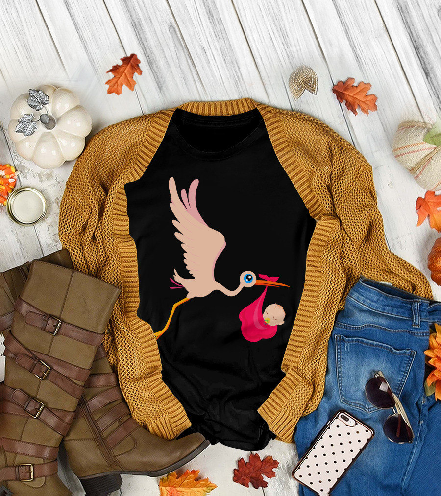 Stork Carrying Baby in Pink Blanket T-Shirt