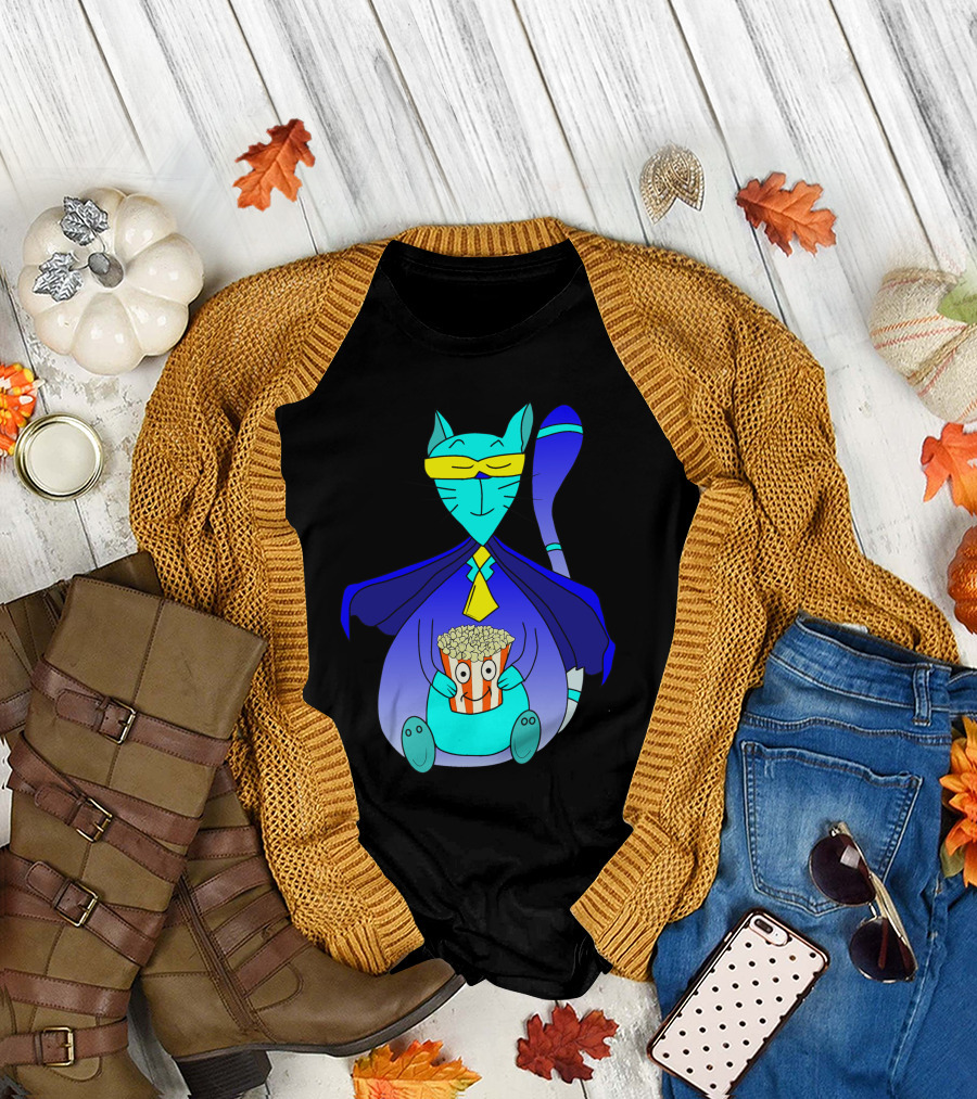 Superhero Cat with Popcorn in Blue Cape and Mask T-Shirt