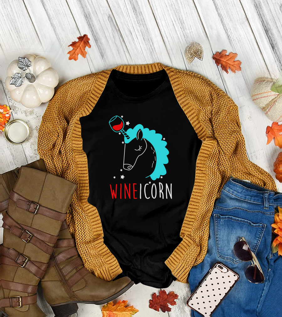 Wineicorn Unicorn Wine Glass Fantasy Stars T-Shirt