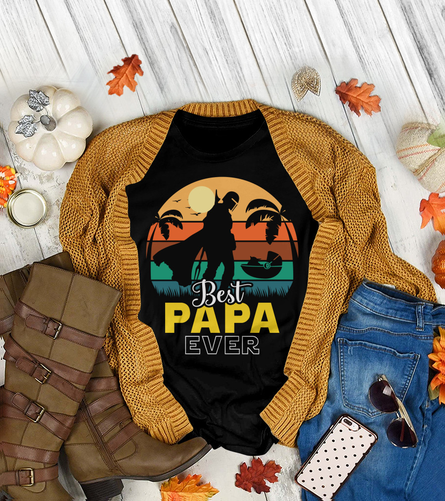 Best Papa Ever Mandalorian Sunset Silhouette with Baby Yoda T-Shirt