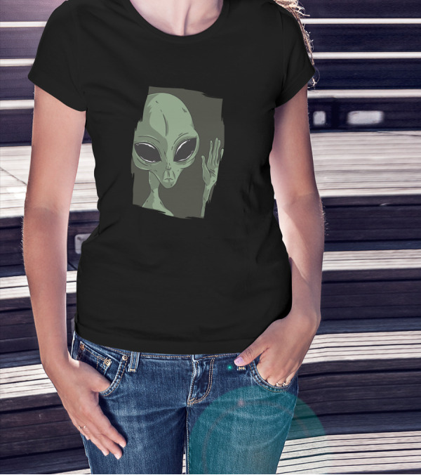 Alien Waving Greeting Black Background Minimalist T-Shirt