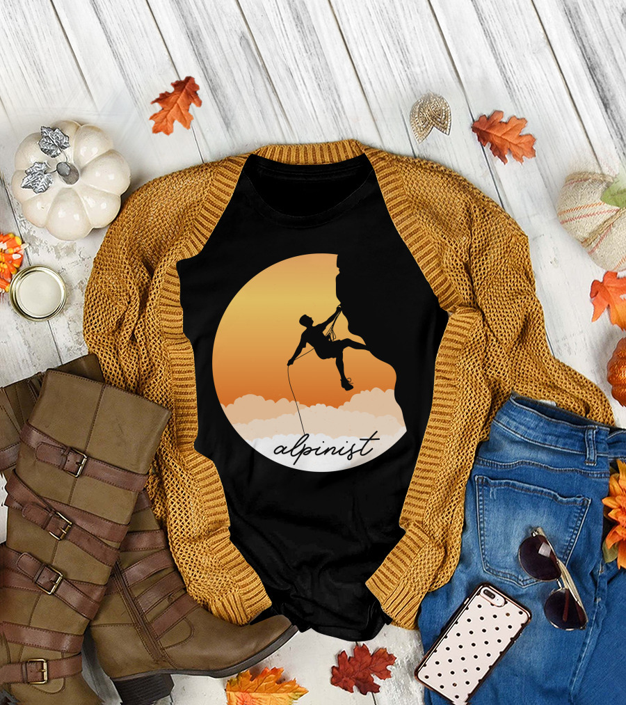 Alpinist Rock Climbing Silhouette at Sunset with Rope and Clouds T-Shirt