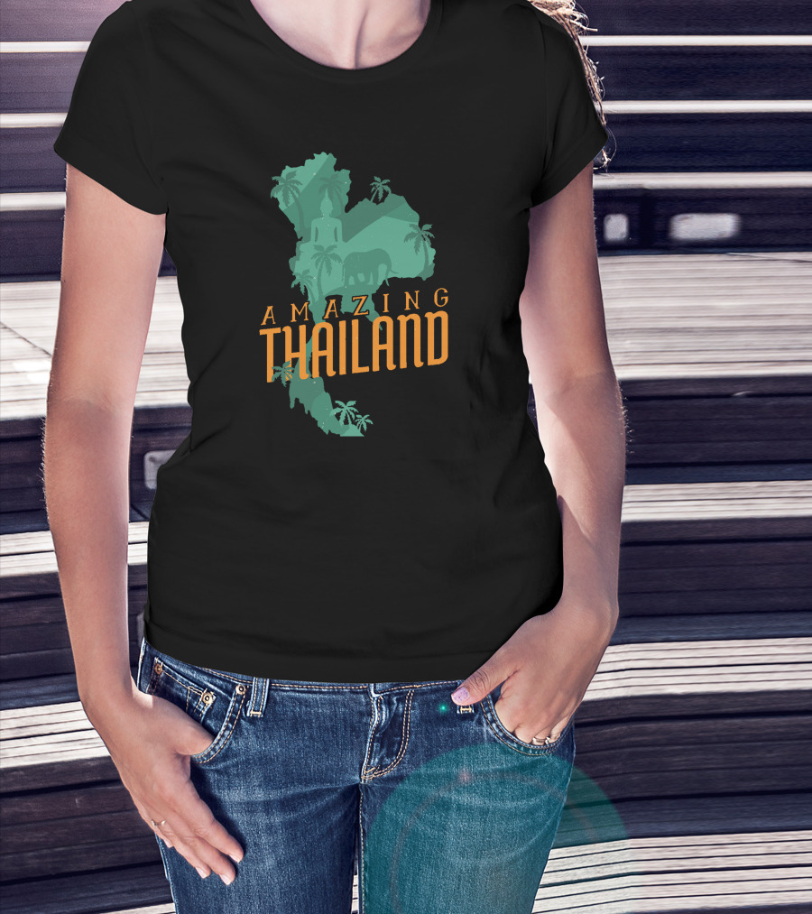 Woman with hands in pockets wearing Amazing Thailand Map Buddha Elephant Palms T-Shirt.