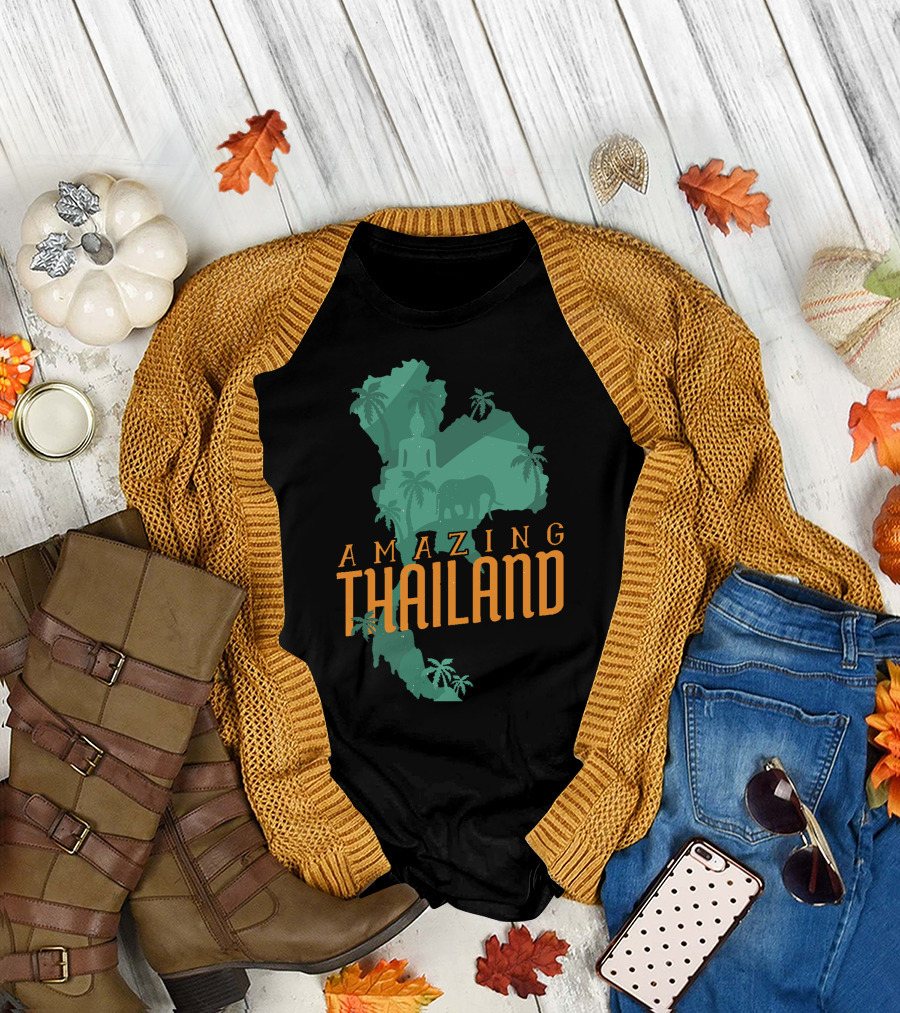 Fall flat lay featuring Amazing Thailand Map Buddha Elephant Palms T-Shirt with cardigan.