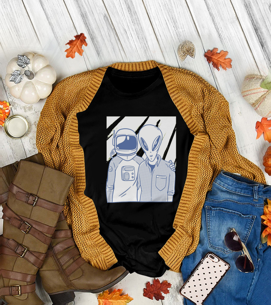 Astronaut and Alien Best Buddies Embracing Space Adventure T-Shirt