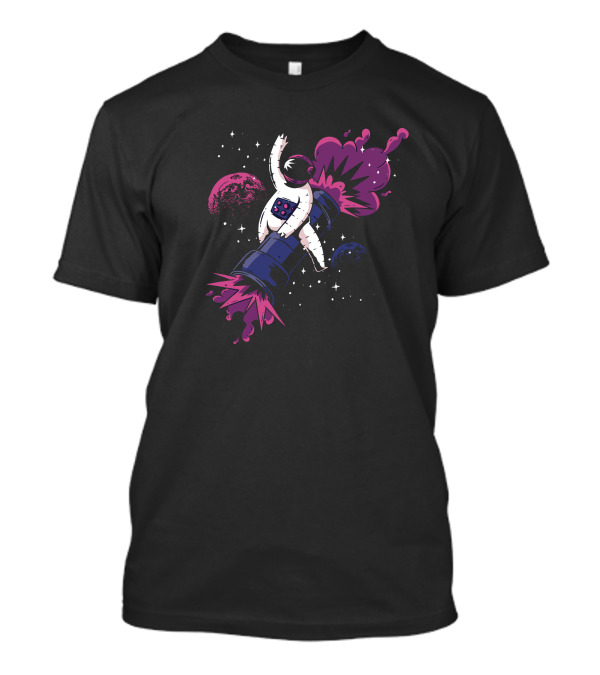 Astronaut Rocket Ride Through Cosmic Pink And Blue Planets T-Shirt