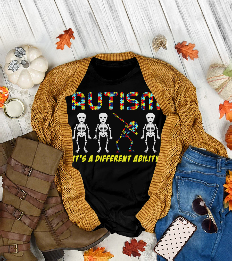 AUTISM It's a Different Ability Puzzle Skeleton Dance T-Shirt